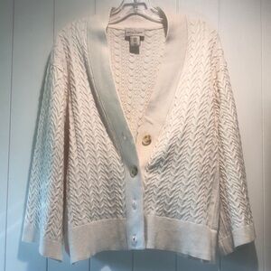 Martha Stewart Collection cream ivory cotton strech cable knit cardigan v neck M